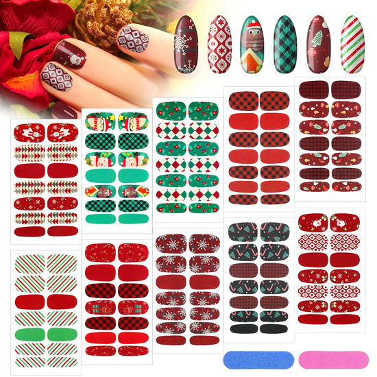 Picture of 140 Pcs 10 Sheets Christmas Full Wrap Nail Stickers Nail Polish Strips Plaid Gradient Stickers Glitter Self Adhesive DIY Art Decals Strips with 2 Pcs Nail Files for Xmas Nail Decor (Snowflake Style)