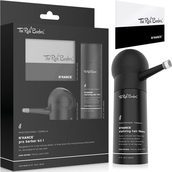Picture of The Rich Barber N'Hance Pro Barber Kit I - Professional 3-in-1 Hair & Beard Styling Set - Keratin-Infused Hair Building Fibers, Applicator Pump, Application Card - Hairline Enhancer & Volumizing Spray