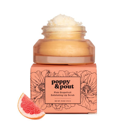 Picture of Poppy & Pout Natural Lip Scrub, Moisturizing Sugar Scrub for Dry Lips, Lip Scrubber Exfoliator with Essential Oils Smooths and Hydrates Lips, In Recyclable Glass Jars, Cruelty Free - Pink Grapefruit