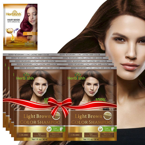 Picture of Herbishh Hair Color Shampoo for Gray Hair-Natural Hair Dye Shampoo with Argan Hair Mask-Travel size-Colors Hair in Minutes-Long lasting colour-10pack+1pack-Ammonia-Free (Light Brown)