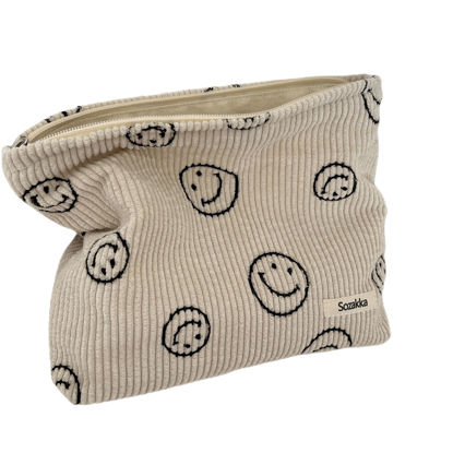 Picture of Cosmetic Bags for Women - Corduroy Cosmetic Bag Aesthetic Women Handbags Purses Smile Dots Makeup Organizer Storage Makeup Bag Girls Case Bags (Beige)