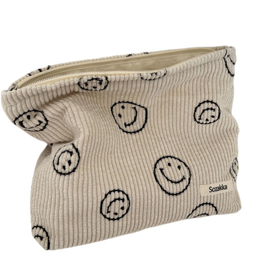 Picture of Cosmetic Bags for Women - Corduroy Cosmetic Bag Aesthetic Women Handbags Purses Smile Dots Makeup Organizer Storage Makeup Bag Girls Case Bags (Beige)