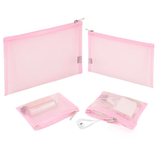 Picture of EASYFUN Mesh Pouch, Make up Bag with Zipper Cosmetic Organizer Pouch for Daily or Travel to Keep Small Items, 4 PCS Pink