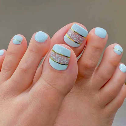 Picture of YOSOMK Baby Blue Press on Toenails Square Toe Nails Tips Floral Designs with Gold Line Full Cover Glue on Toe Nails Toe Nails Fake Nails Glossy Acrylic Summer False Toe Static Nails for Women