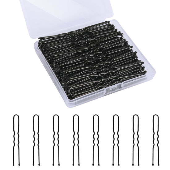 Picture of U Shaped Hair Pins, 100PCS 2.4inch Bun Hair Pins for Women Kids Girls Hairdressing Salon with Storage Box, for All Hair Types - Black
