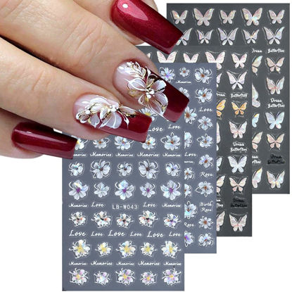 Picture of Fcozpjk 5D Embossed Spring Flower Nail Stickers, 4 Sheets Holographic Shiny Butterfly Nail Stickers, Cherry Blossom Nail Decals, Self-Adhesive Pegatinas para Uñas, Summer Floral Manicure Design
