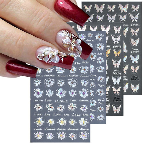 Picture of Fcozpjk 5D Embossed Spring Flower Nail Stickers, 4 Sheets Holographic Shiny Butterfly Nail Stickers, Cherry Blossom Nail Decals, Self-Adhesive Pegatinas para Uñas, Summer Floral Manicure Design