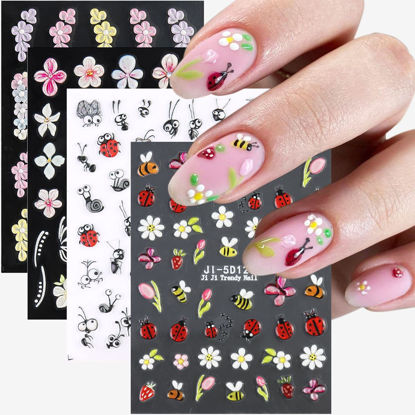 Picture of Fcozpjk Ladybugs Nail Stickers Bees Ants Snails Daisy 5D Embossed Flowers Nail Stickers Cute Cartoon Insects Animals Nail Decals Ladybird Stickers for Nail Art Butterfly Nail Charms Nail Decoration