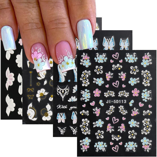 Picture of Fcozpjk Acrylic Flowers for Nails 4 Sheets 5D Embossed Floral Nail Decals Colorful Flowers Nail Stickers, Gold Strip Lines Swirls French Tip Nail Stickers, Daisy Butterfly Stickers Pegatinas Uñas