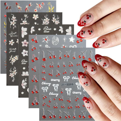 Picture of Fcozpjk Cherry Nail Stickers 5 Sheets Cherry Blossom Nail Decals Spring Summer Fruits Nail Decoration 5D Embossed Stickers for Nail Art Bows Stars Butterfly Flowers Nail Stickers Manicure Supplies