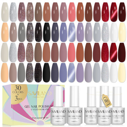 Picture of SAVILAND 33PCS Gel Nail Polish Set Classic Glitter White Soak-off U V Gel Polish with Base & Glossy Matte Top Gel French Manicure Nail Art Starter Set for Salon Home & Gifts