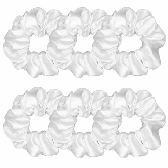 Picture of 6 Pcs Satin Silk Scrunchies - Soft Hair Ties, Fashion Hair Bands, Bows, Elastic Bracelets, Ponytail Holders Hair Accessories for Women and Girls (4.5 Inch, Pure White)
