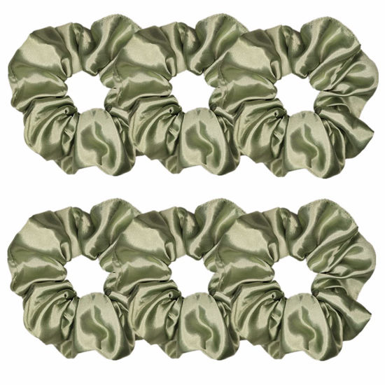 Picture of 6 Pcs Satin Silk Hair Scrunchies Soft Hair Ties Fashion Hair Bands Hair Bow Ropes Hair Elastic Bracelet Ponytail Holders Hair Accessories for Women and Girls (4.5 Inch, Light Gray Green)