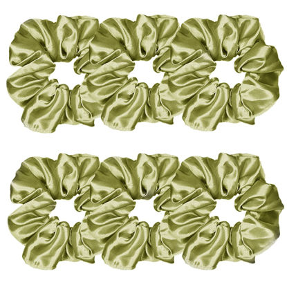Picture of 6 Pcs Satin Silk Hair Scrunchies Soft Hair Ties Fashion Hair Bands Hair Bow Ropes Hair Elastic Bracelet Ponytail Holders Hair Accessories for Women and Girls (4.5 Inch, Olive Green)