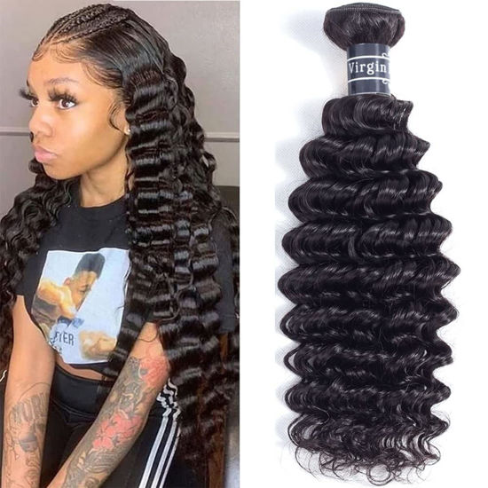 Picture of Amella Hair Brazilian Deep Wave Hair Bundles 14Inch 100% Unprocessed 1 Bundle Deep Wave Hair Weave Bundles Deep Curly Human Hair Bundles Natural Color