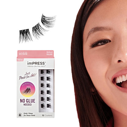 Picture of KISS imPRESS False Eyelashes, Lash Clusters, Falsies, Refined Volume', 10mm-12mm, Includes 12 pieces of pre-bonded lashes, Contact Lens Friendly, Easy to Apply, Reusable Strip Lashes