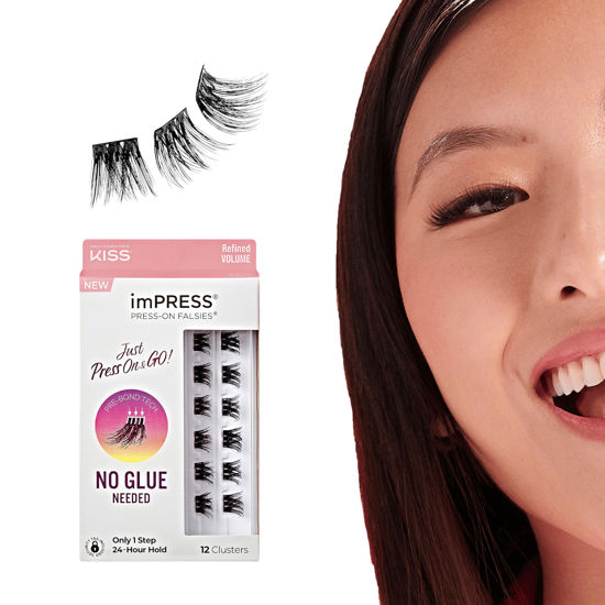 Picture of KISS imPRESS False Eyelashes, Lash Clusters, Falsies, Refined Volume', 10mm-12mm, Includes 12 pieces of pre-bonded lashes, Contact Lens Friendly, Easy to Apply, Reusable Strip Lashes