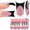 Picture of NOVO OVO Black French Tip Duck Feet Nail Tips Full Cover for Press on Acrylic with Moon Curve, Thick Medim Long Pre-Etched Matter Flare Wide Soft Gel Fake False Nail Extension x 15 Sizes 150 pcs