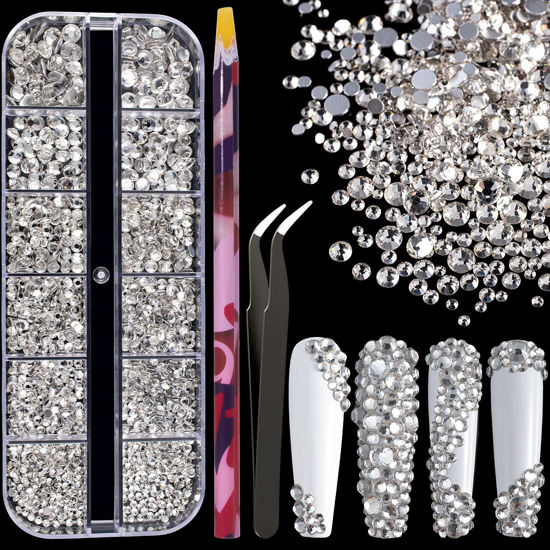 Picture of 6 Sizes Transparent White Silver Glass Crystal Kit with Pickup Pen + Tweezer Tools for Shine Nail Art Manicure Makeup DIY Decoration Flatback Round Rhinestone Gem Jewelry Diamond