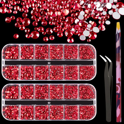 Picture of 3440PCS 6 Sizes Red Glass Crystal Kit with Pickup Pen + Tweezer Tools for Iridescent Shine Nail Art Manicure Makeup DIY Deco Flatback Round Bead Rhinestone Gem Jewelry Diamond
