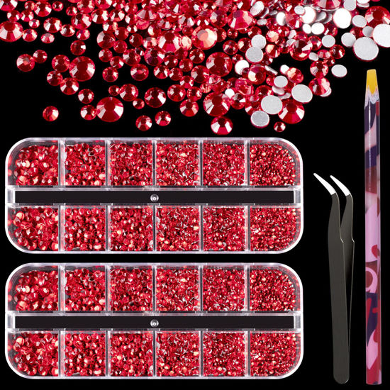 Picture of 3440PCS 6 Sizes Red Glass Crystal Kit with Pickup Pen + Tweezer Tools for Iridescent Shine Nail Art Manicure Makeup DIY Deco Flatback Round Bead Rhinestone Gem Jewelry Diamond