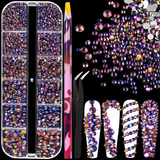 Picture of 6 Sizes Iridescent Blue Glass Crystal Kit with Pickup Pen + Tweezer Tools for Shine Nail Art Manicure Makeup DIY Decoration Flatback Round Rhinestone Gem Jewelry Diamond