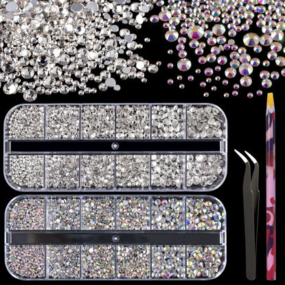 Picture of 3440pcs 6 Sizes Transparent White and AB Glass Crystal Kit with Pickup Pen + Tweezer Tools for Iridescent Shine Nail Art Manicure Makeup DIY Deco Flatback Round Bead Rhinestone Gem Jewelry Diamond