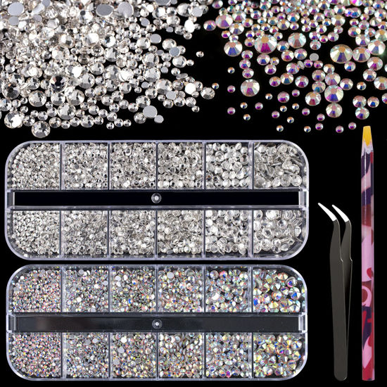 Picture of 3440pcs 6 Sizes Transparent White and AB Glass Crystal Kit with Pickup Pen + Tweezer Tools for Iridescent Shine Nail Art Manicure Makeup DIY Deco Flatback Round Bead Rhinestone Gem Jewelry Diamond