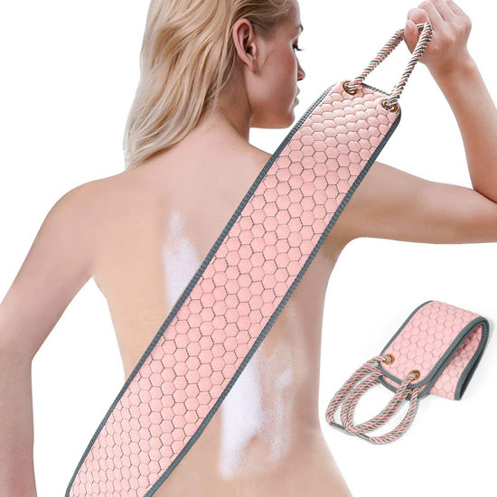 Picture of dodiff Exfoliating Back Scrubber for Shower, 38 Inches Back Washer with Handles, Exfoliating Washcloth Body Exfoliator Bath Tool to Scrub Your Body Deeply for Men & Women Exfoliation (Pink)