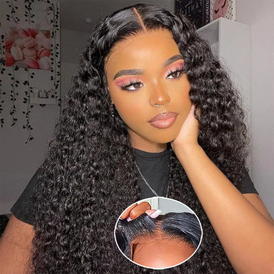 Picture of RUI MEI SI Wear and Go Glueless Wigs Human Hair Pre Plucked Pre Cut for Beginners Deep Wave Lace Front Wigs Human Hair 4x4 HD Lace Closure Deep Curly Wigs Human Hair for Women 20 Inch