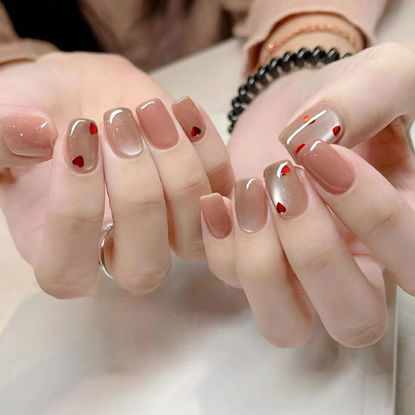 Picture of 24Pcs Short Square Heart Press on Nails Nude Glue on Nails Glitters Glossy Gradient Valentines Fake Nails Cute Heart Acrylic False Nails Reusable Stick on Nails for Women Girls Nail Art Decoration