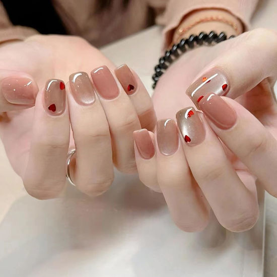 Picture of 24Pcs Short Square Heart Press on Nails Nude Glue on Nails Glitters Glossy Gradient Valentines Fake Nails Cute Heart Acrylic False Nails Reusable Stick on Nails for Women Girls Nail Art Decoration