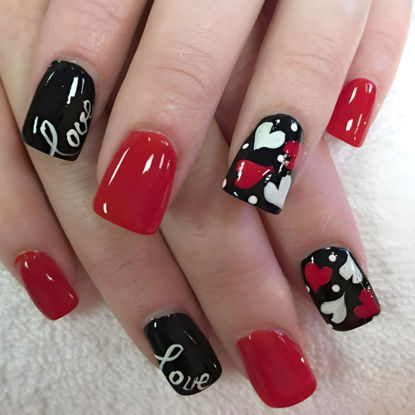 Picture of 24Pcs Valentine Press on Nails Short Square Red Fake Nails with Heart Designs Cute Love Acrylic False Nails Kit Red Black Glue on Nails Glossy Full Cover Valentines Nail Art Decoration for Women