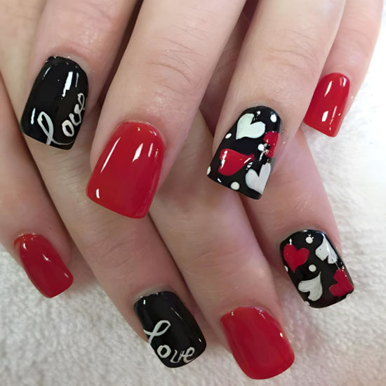 Picture of 24Pcs Valentine Press on Nails Short Square Red Fake Nails with Heart Designs Cute Love Acrylic False Nails Kit Red Black Glue on Nails Glossy Full Cover Valentines Nail Art Decoration for Women