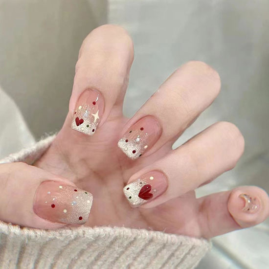 Picture of 24Pcs Heart Press on Nails Short Square Valentines Nails Press ons Fake Nails with Red Green White Dots Sparkly False Nails Tips Glitters Glossy Acrylic Nails Glue on Nails for Women Manicure Decor