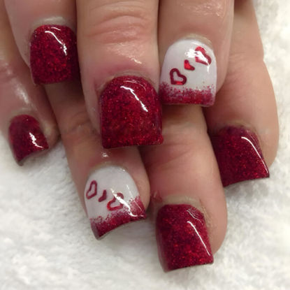 Picture of 24Pcs Valentines Press on Nails Short Square Red Glitter Fake Nails French Tip Press on Nails Heart Acrylic False Nails Valentines Day Nail Art Designs Full Cover Glue on Nails for Women Girls