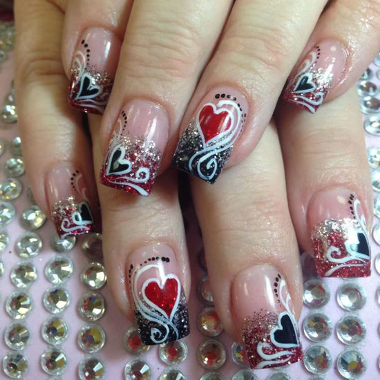 Picture of 24Pcs Valentine's Day Press on Nails Short Square French Tip Fake Nails Heart Acrylic Nails Red Black Glitter False Nails French Lines Gradient Stick on Nails for Women Manicure Accessories