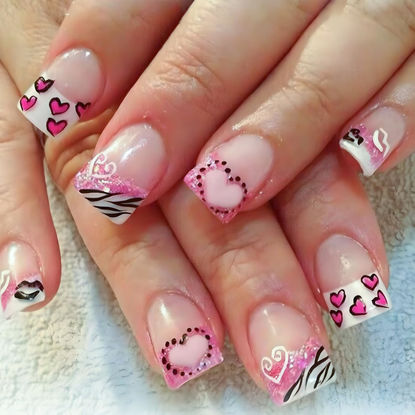 Picture of 24Pcs Valentines Day Press on Nails Short Square Fake Nails Heart Nails Art Glitter French Tips False Nails with Zebra Stripes Design Full Cover Artificial Glue on Nails Valentines Nail Art Supplies