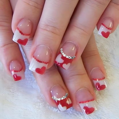 Picture of 24Pcs French Tip Heart Press on Nails Short Square Valentines Fake Nails Cute Heart False Nails with Rhinestones Red White Hearts Nail Art Designs Glue on Nails for Valentines Day Manicure Decorations