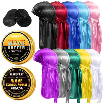 Picture of Silky Durags for Men Wave Pomade Strong Hold Easy Wash 360 Wave Training Hair Cream, Wave Butter Waves Grease for Men Promotes Layered Waves Silky Satin Durag Extra Long Tails Wave Brush Wave Cap Set