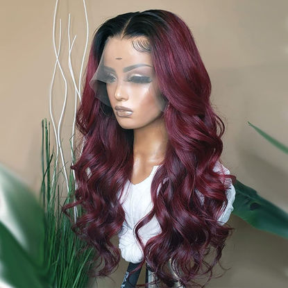 Picture of GIANNAY Burgundy Wave Lace Front Wigs Red Synthetic Loose Curly Wigs for Black Women Gluless Lace Wigs (99J Lace Front Wig 26")