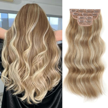 Picture of Vigorous Clip in Hair Extensions 4PCS Blonde mix Bleach Blonde Long Wavy Hairpieces 20Inch Hair Extensions Clip Ins Soft Synthetic Hairpieces for Women