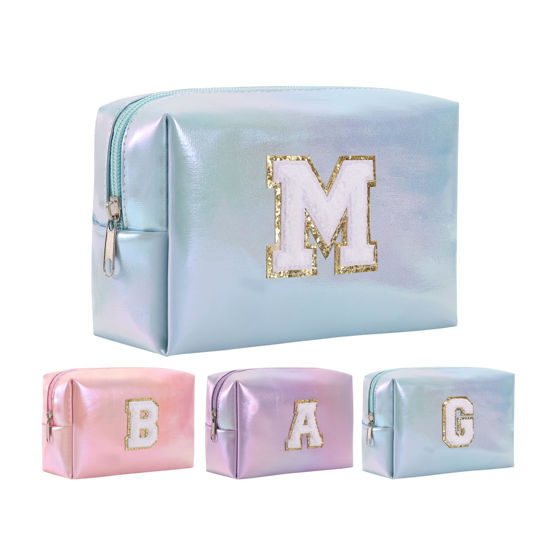Picture of Personalized Initial Makeup Bag, Letter Zipper Cosmetic Bag for Womens, Preppy Makeup Bags, Glitter Waterproof Cute Makeup Pouch, Travel Makeup Bags for Mother's Day Birthday Gifts（Letter M)