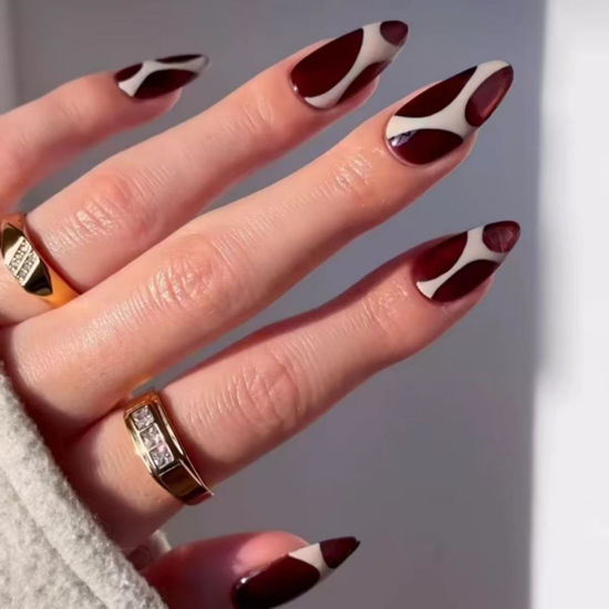 Picture of Dark Red Press on Nails Almond Fake Nails with Curve Design White Glue on Nails Artificial Acrylic Full Cover Glossy Stick on Nails Medium False Nails for Women Manicure 24Pcs