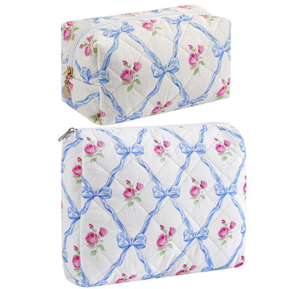 Picture of HHQQWZ Makeup Bag Travel Cosmetic Bag for Women Girls, Zipper Make Up Pouch, Floral Flowers Toiletry Organizer Makeup, Portable Storage Bag, Cosmetic Travel Cloth Bag (2 Pack (L+S)/Blue Bowknot)
