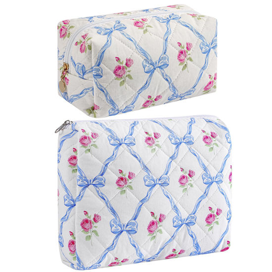 Picture of HHQQWZ Makeup Bag Travel Cosmetic Bag for Women Girls, Zipper Make Up Pouch, Floral Flowers Toiletry Organizer Makeup, Portable Storage Bag, Cosmetic Travel Cloth Bag (2 Pack (L+S)/Blue Bowknot)