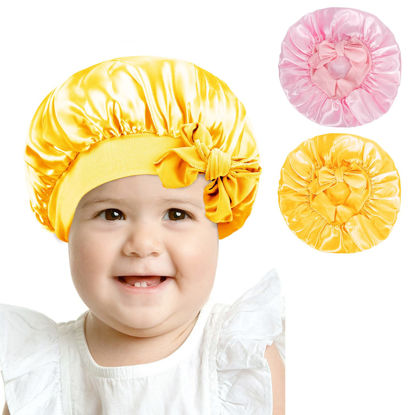 Picture of Arqumi Pack of 2 Satin Sleeping Bonnet for Kids, Soft Satin Sleep Bonnet with Elastic Strap, Adjustable Sleep Cap Hair Bonnet for Children, Pink+Yellow
