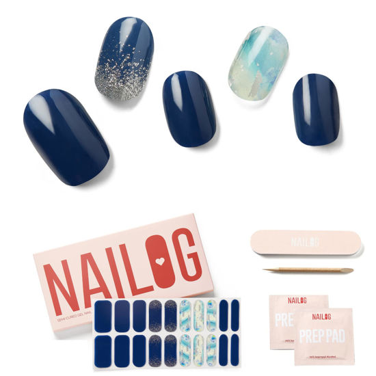 Picture of NAILOG Semi Cured Gel Nail Strips, Extra Long Nail Polish Strips (20 Pieces), Long Lasting Semi Cured Nail Stickers with Soft Glossy Gel Finish, Lake Dawn