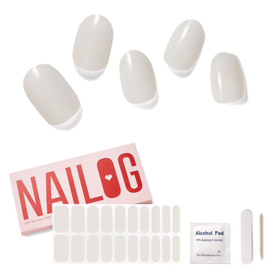 Picture of NAILOG Semi Cured Gel Nail Strips (20 Extra Long Polish Stickers/Wraps) │ Glossy & Long Lasting Soft Gel Finishing (Blanc)