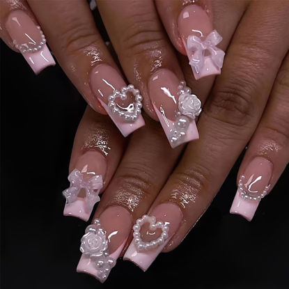 Picture of 24Pcs French Tip Press on Nails with Charms Designs Medium Long Fake Nails French Heart Nails Press on Cute Rose Flower Stick on Nails Square Shape Acrylic Nails Pearl Nails for Women Daily Wear